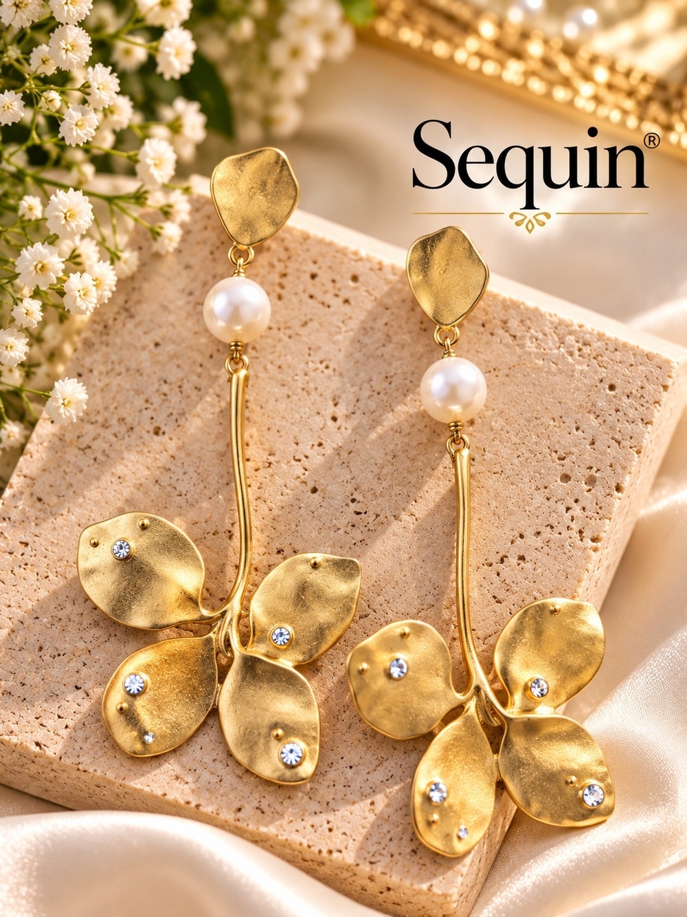 Gold Floral Drop Earrings with Pearl Accent